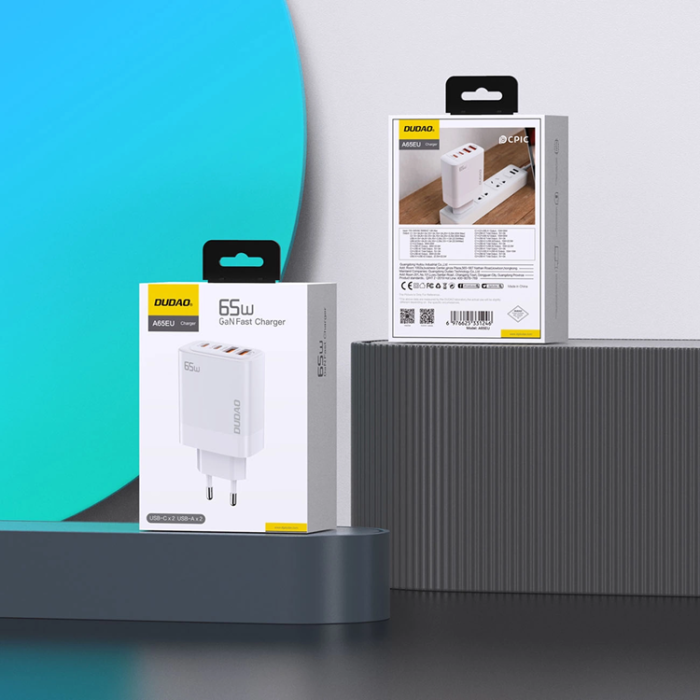 Dudao - Dudao Väggladdare A65EU GaN 2xUSB-A/2xUSB-C PD 65W - Vit