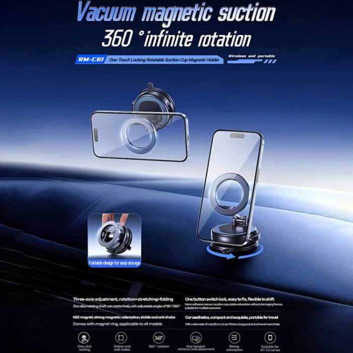 Remax - REMAX RM-C61 Magnetisk Mobilhållare För Bil med Vakuumfäste - Svart