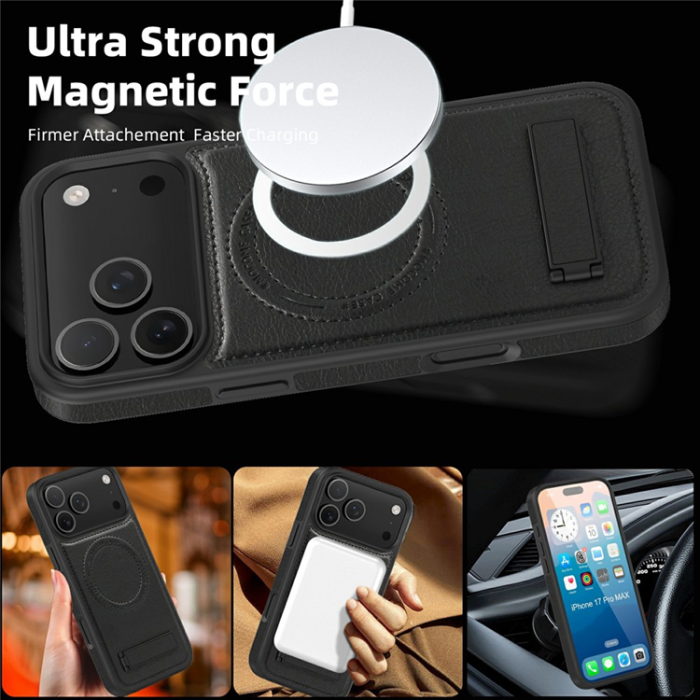 A-One Brand - iPhone 17 Pro Mobilskal MagSafe Kickstand Läder - Svart