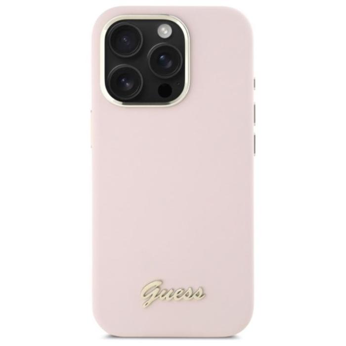 Guess - Guess iPhone 16 Pro Mobilskal Silikon Script Metal Logo - Rosa