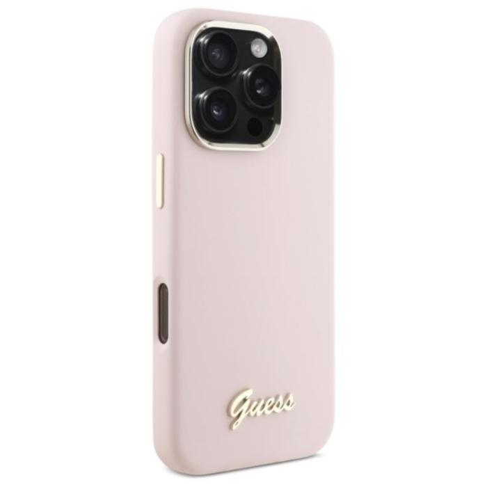 Guess - Guess iPhone 16 Pro Mobilskal Silikon Script Metal Logo - Rosa