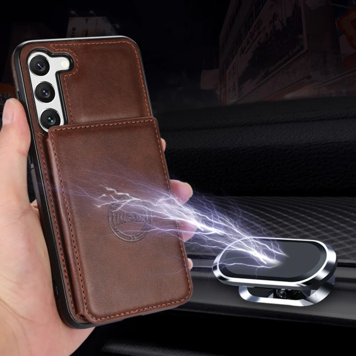 Taltech - Galaxy S23 Mobilskal Korthållare Kickstand Magnetiskt - Mörkbrun