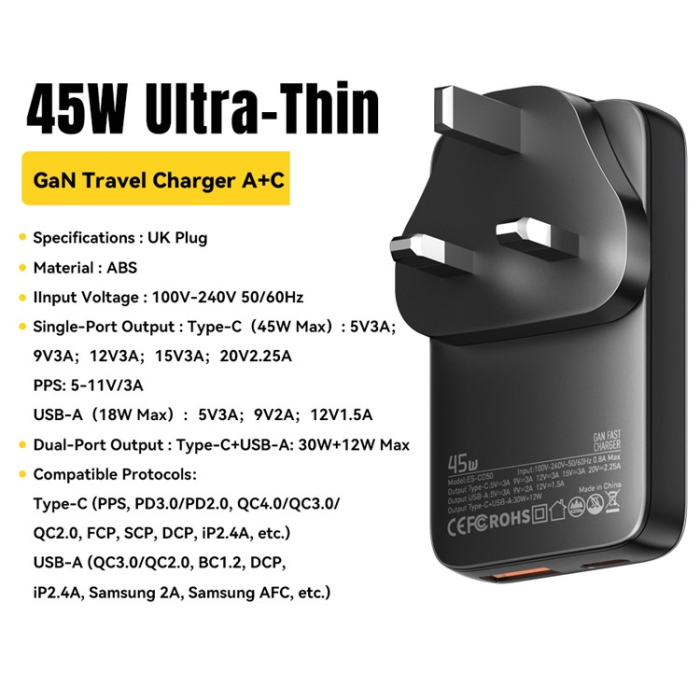ESSAGER - ESSAGER GaN Snabbladdare 45W USB-C - USB-A ES-CD50 UK - Svart