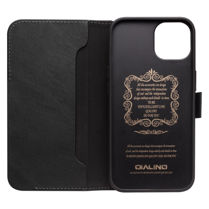 QIALINO - QIALINO iPhone 13 Plånboksfodral Äkta Läder Flip Folio - Svart