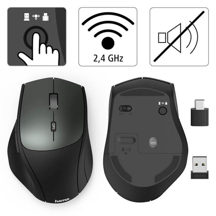 Hama - Hama Mus Trådlös Dual Mode USB-C/USB-A 6-knapps - Svart