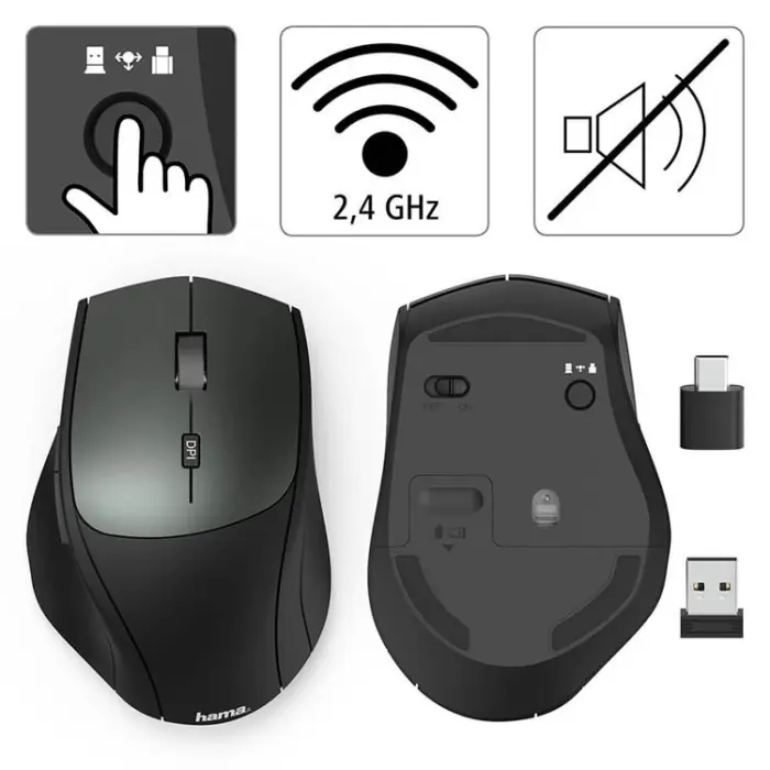 Hama - Hama Mus Trådlös Dual Mode USB-C/USB-A 6-knapps - Svart