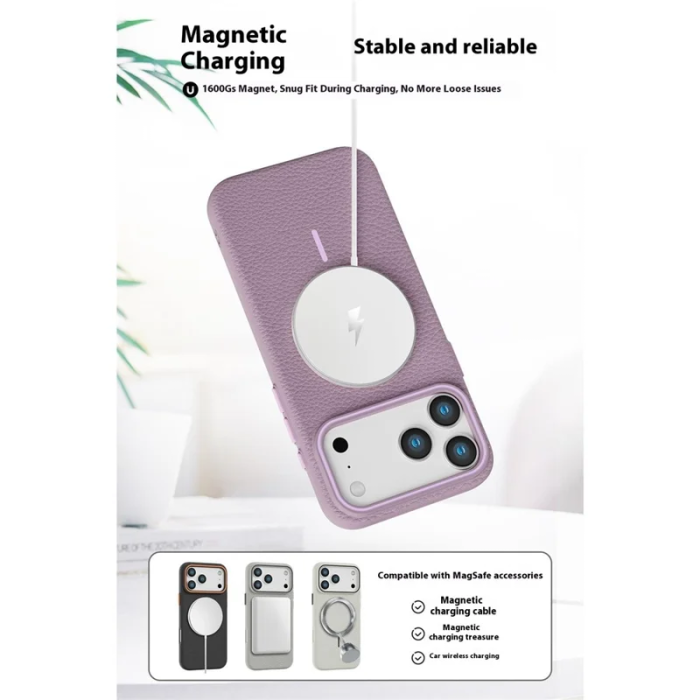 A-One Brand - iPhone 17 Pro Mobilskal Magsafe Litchi Pattern - Guld / Brun