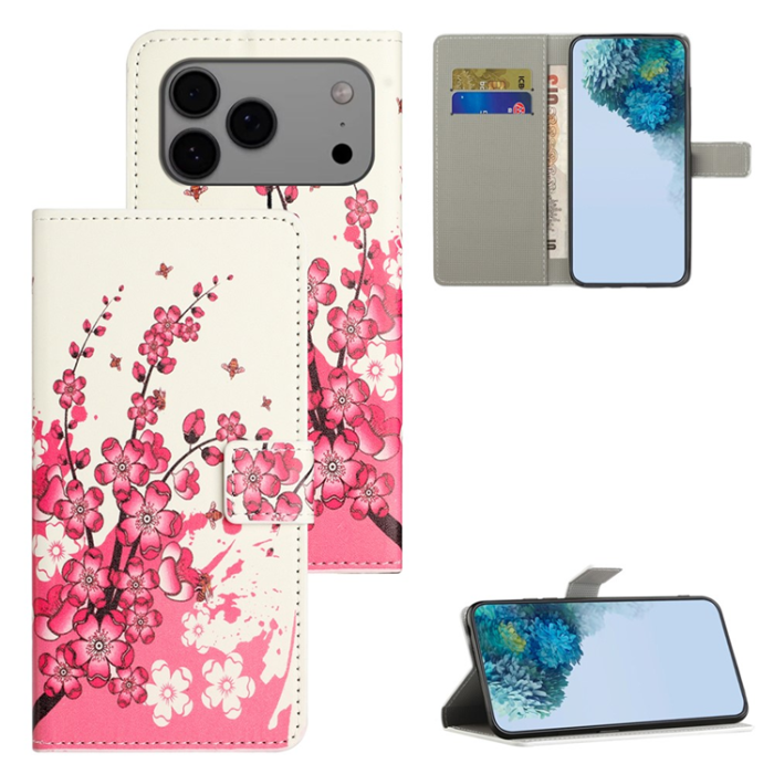 A-One Brand - iPhone 17 Pro Plånboksfodral Pattern Print Läder - Plum Blossom
