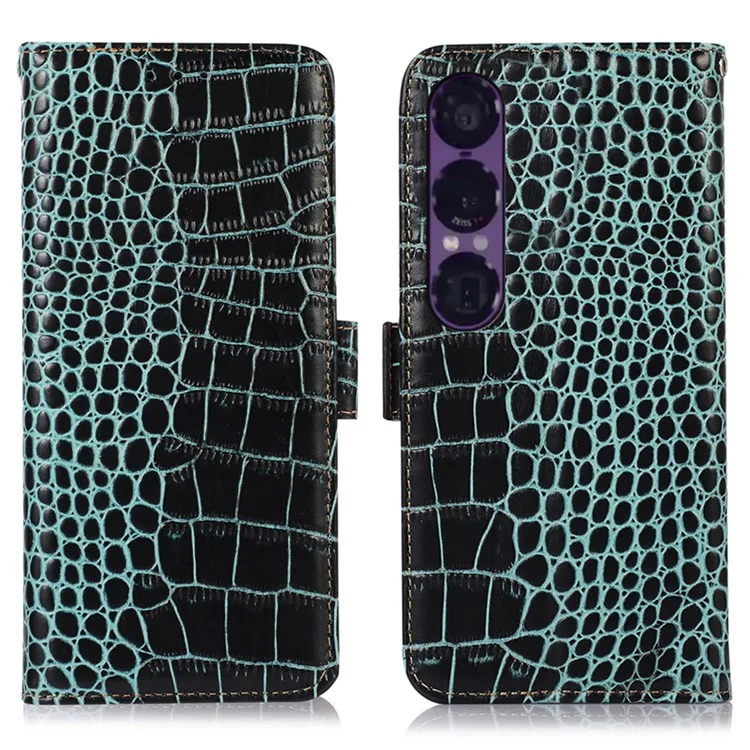 Sony Xperia 1 VII Äkta Läder Plånboksfodral Crocodile Texture - Grön | 2353 | AlltMobil