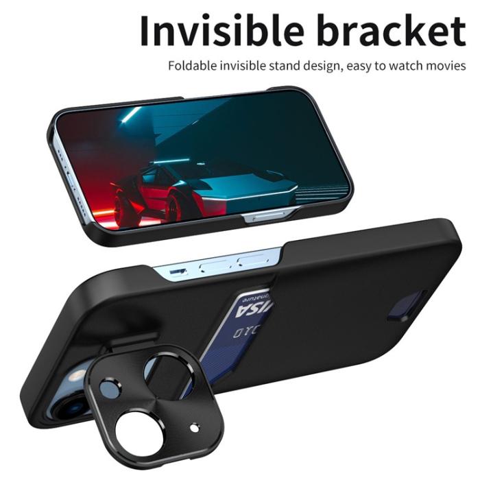 A-One Brand - iPhone 14 Skal Korthållare Linsram Kickstand - Svart