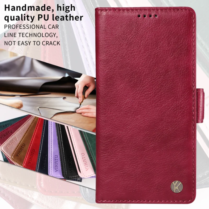 YIKATU - YIKATU iPhone 17 Konstläder Plånboksfodral Litchi Texture - Vinröd