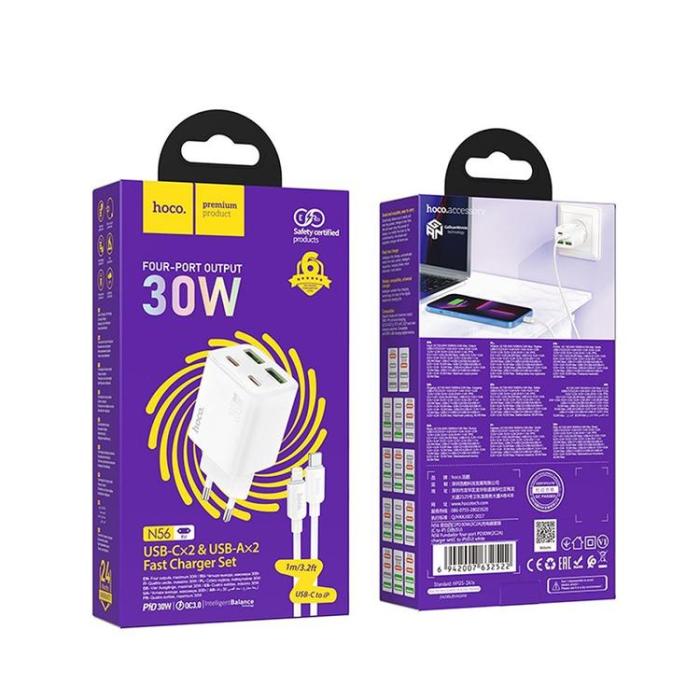 Hoco - Hoco Snabbladdare PD 30W 2xUSB-A 2xUSB-C QC3.0 3A med Lightning Kabel N56 - Vit