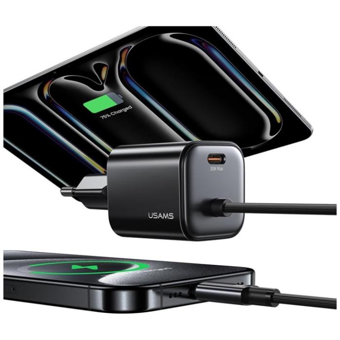 USAMS - USAMS Snabbladdare 30W 2xUSB-C GaN Mini JC - Svart
