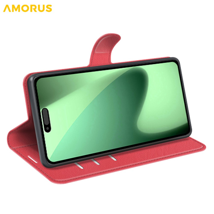 Amorus - AMORUS iPhone 17 Pro Max Plånboksfodral Flipstativ Litchi - Röd