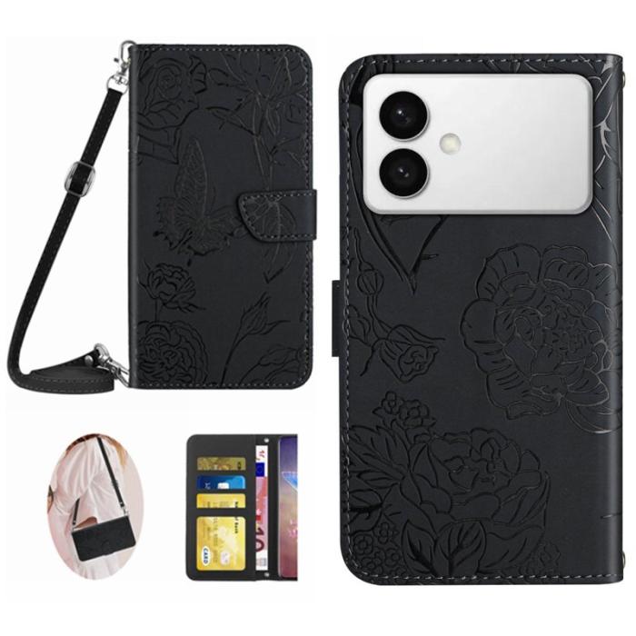 OEM - Mobilskal till Samsung Galaxy S26 Ultra KonstLäder Fjäril Blomtryck - Svart