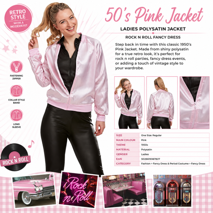 A-One Brand - 50-tals rosa jacka för dam – Rock n Roll maskeraddräkt i satinlook