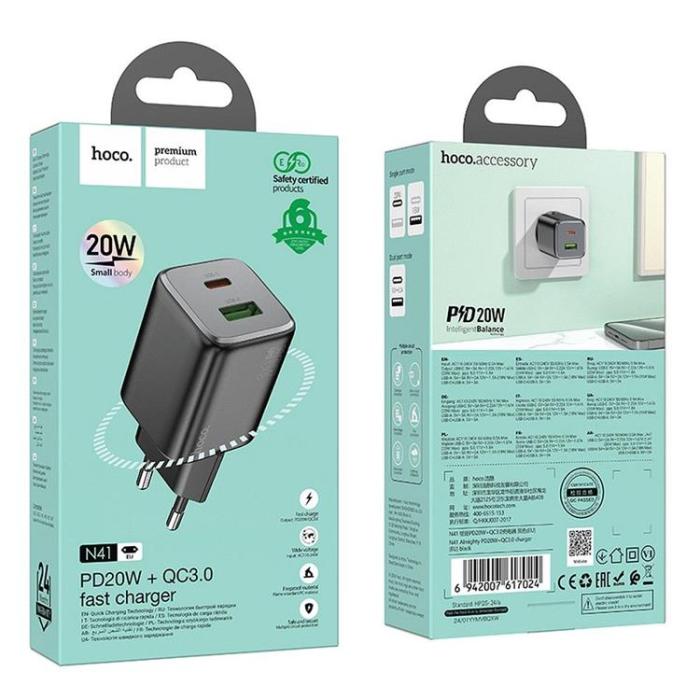 Hoco - Hoco Väggladdare 1xUSB-C 1xUSB-A 20W N41 - Svart