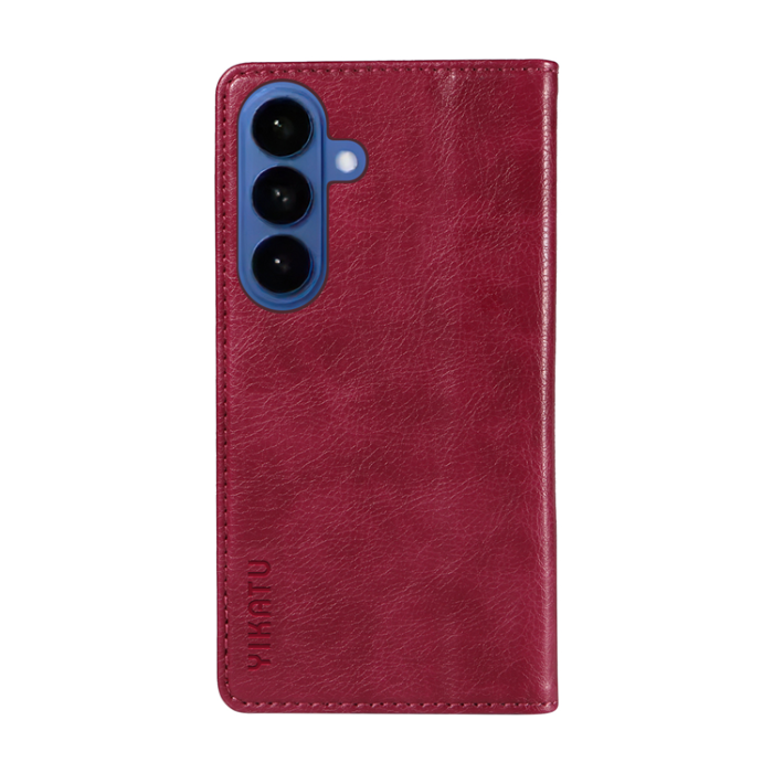 YIKATU - YIKATU Galaxy S26/S26 Pro Plånboksfodral Litchi Läder - Vinröd