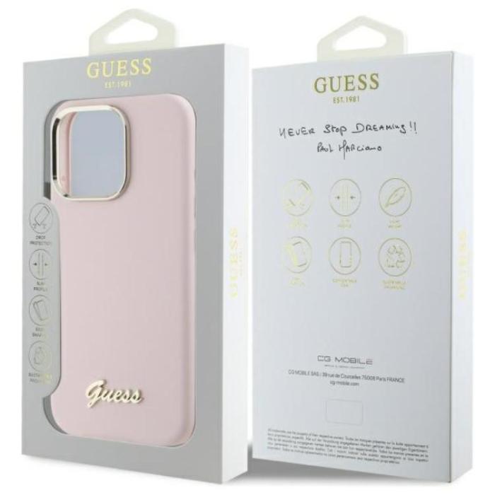 Guess - Guess iPhone 16 Pro Mobilskal Silikon Script Metal Logo - Rosa