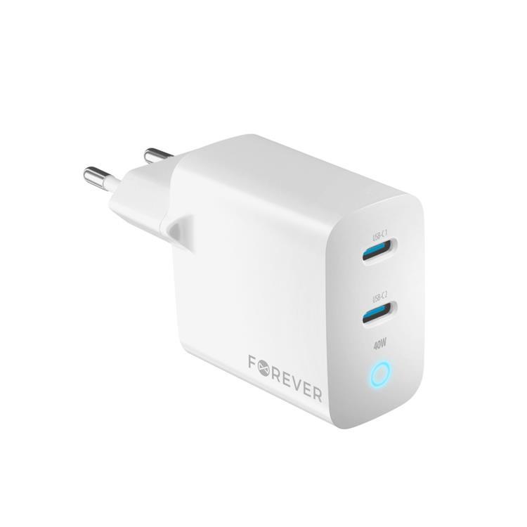 Forever Väggladdare 2x USB-C 40W GaN PD QC - Vit | 505295 | AlltMobil