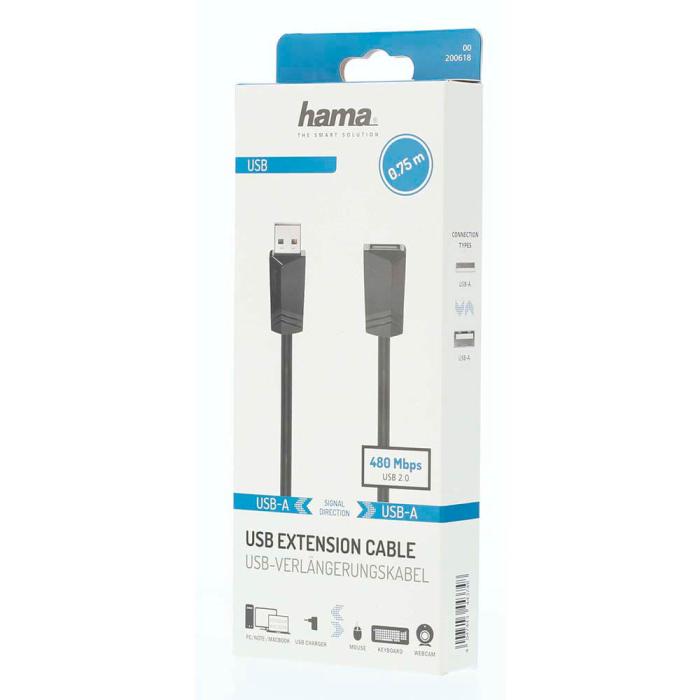 Hama - Hama Kabel USB 2.0 Förlängning 480 Mbit/s 0.75m - Svart