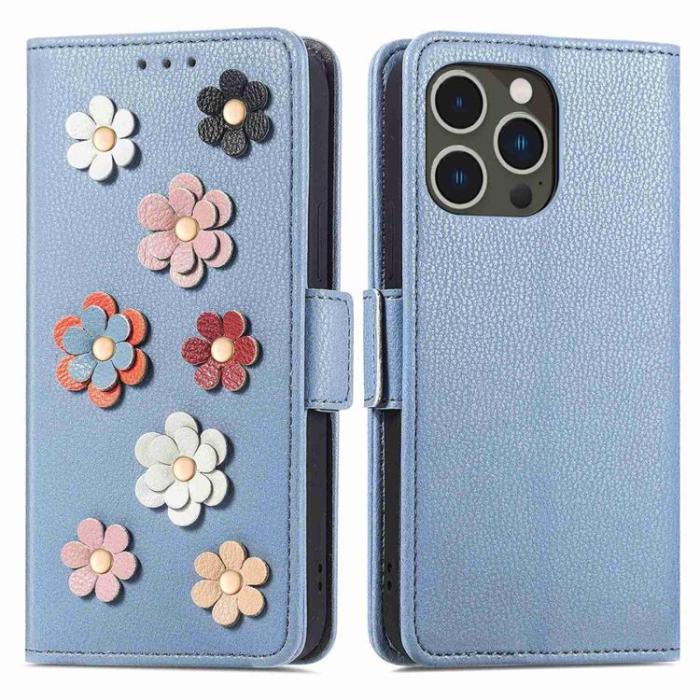 OEM - iPhone 14 Pro Max Plånboksfodral Flower Decor Magnetic - Blå