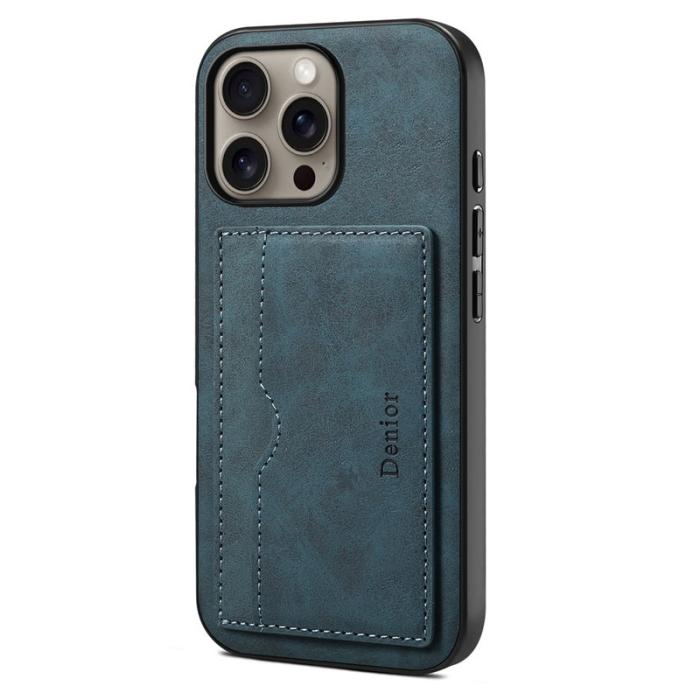 DENIOR - DENIOR iPhone 16 Pro Max Fodral Kortfack Ställ Retro Konstläder Blå