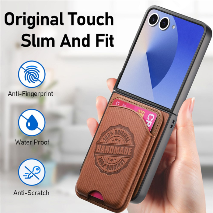 A-One Brand - Galaxy Z Flip 7 Mobilskal MagSafe Korthållare Denim Läder - Brun