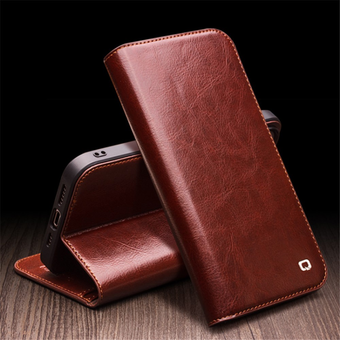 QIALINO - Qialino iPhone 15 Plånboksfodral Äkta Läder Cowhide - Brun