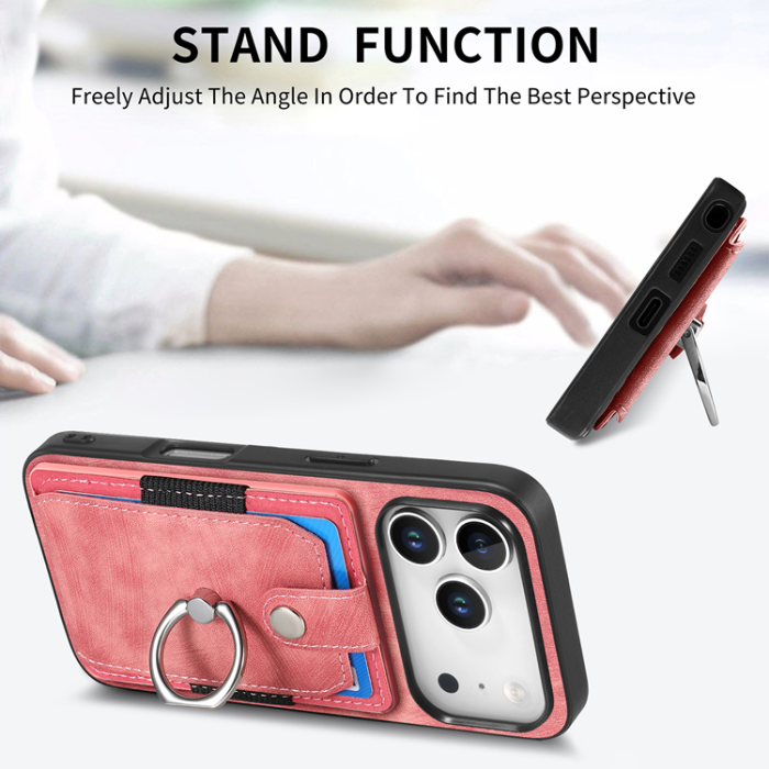 A-One Brand - iPhone 17 Pro Mobilskal med Korthållare Läder Kickstand - Rosa