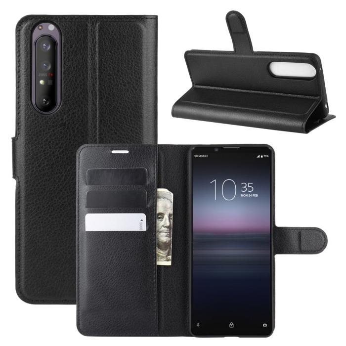A-One Brand - Litchi Läder plånboksfodral Sony Xperia 1 II - Svart