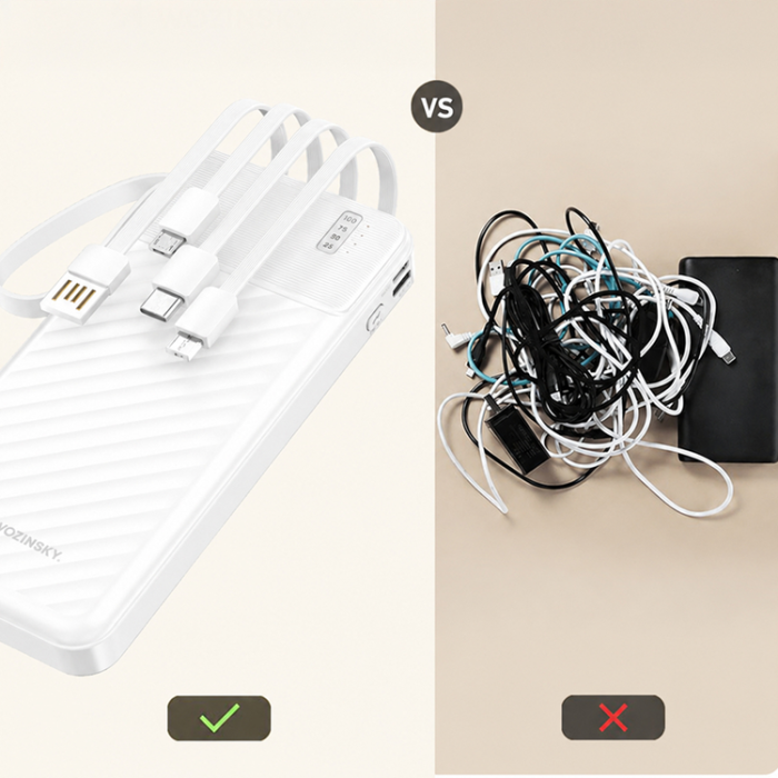 Wozinsky - Wozinsky Powerbank W11-B 10000mAh 10W med Inbyggda Kablar - Vit