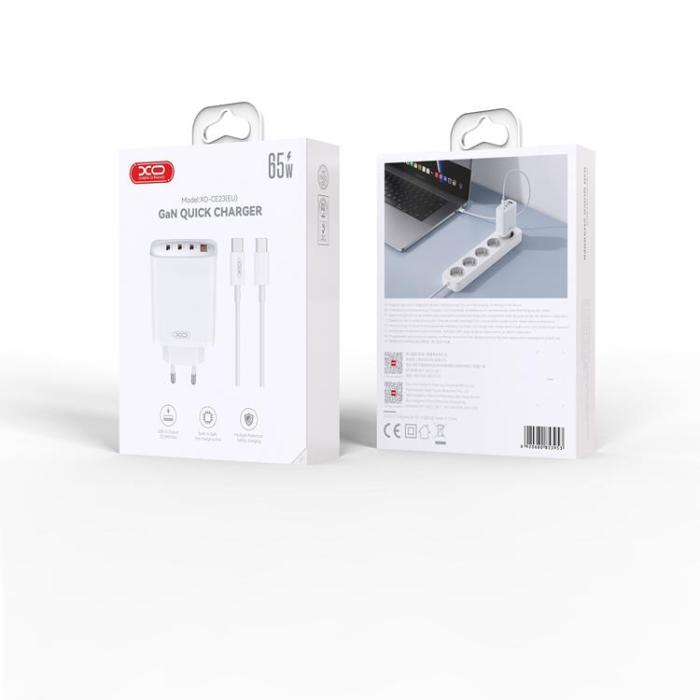 XO - XO Snabbladdare 3x USB-C/USB 65W med USB-C/USB-C Kabel PD- Vit