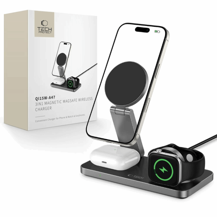 Tech-Protect - 3-in-1 Magsafe Trådlös Laddare iPhone, Apple Watch, AirPods Qi 15W