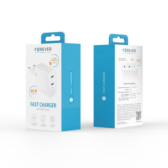 Forever - Forever Väggladdare 2x USB-C 40W GaN PD QC - Vit