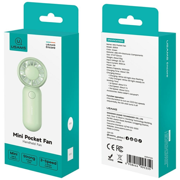 USAMS - USAMS Mini Pocket Handhållen Fläkt ZB354 - Rosa