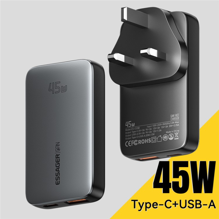 ESSAGER - ESSAGER GaN Snabbladdare 45W USB-C - USB-A ES-CD50 UK - Svart