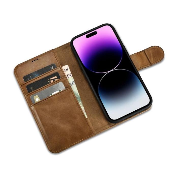 Dux Ducis - iCarer iPhone 14 Pro Max Plånboksfodral Äkta Läder 2in1 Anti-RFID - Brun