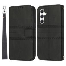 OEM - Pl&aring;nboksfodral f&ouml;r Samsung Galaxy S26 Konstl&auml;der med handledsrem - Svart