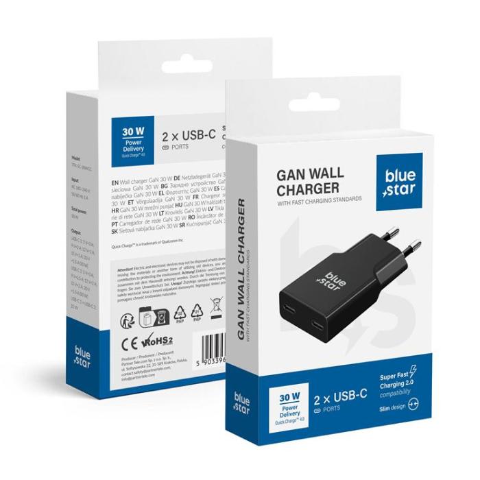 Blue Star - Blue Star Snabbladdare PD 30W 2xUSB-C GaN QC4.0 3A - Svart