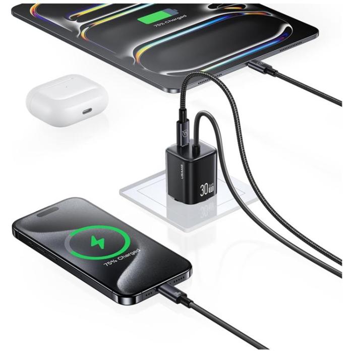 USAMS - USAMS Snabbladdare 30W 2xUSB-C GaN Mini JC - Svart