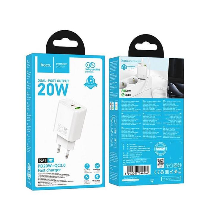 Hoco - Hoco Snabbladdare 20W 1xUSB-A 1xUSB-C PD QC3.0 3A N61 - Vit