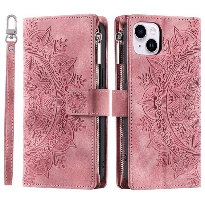 A-One Brand - iPhone 15 Plus Plånboksfodral Mandala Flower Imprinted - Rosa Guld