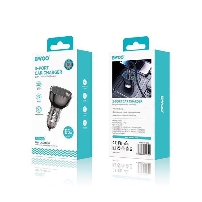 BWOO - BWOO Billaddare 68W 2xUSB-C 1xUSB-A PD - Svart