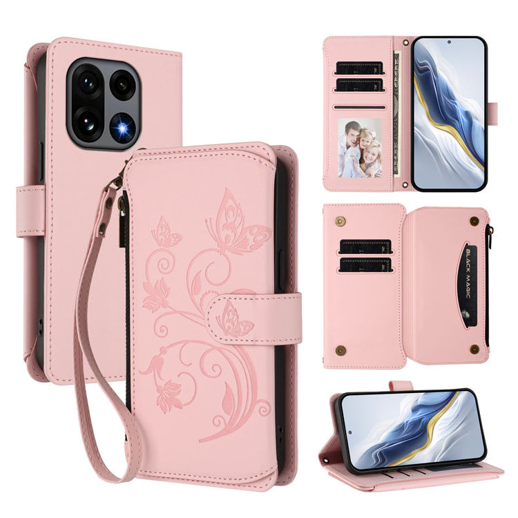 OnePlus 15 Konstläder Plånboksfodral Butterfly Floral Imprint Zipper (Rosa) | 2353 | AlltMobil