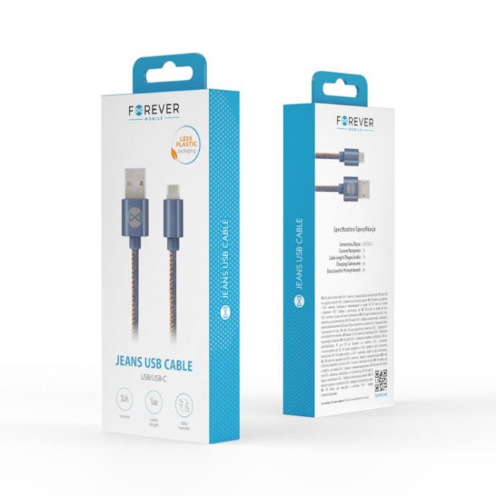 Forever - Forever USB Till USB-C Kabel 1m 2A Jeans - Blå