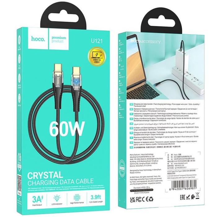 Hoco - Hoco USB-C - USB-C 60W 3A Kabel 1.2m U121 - Svart