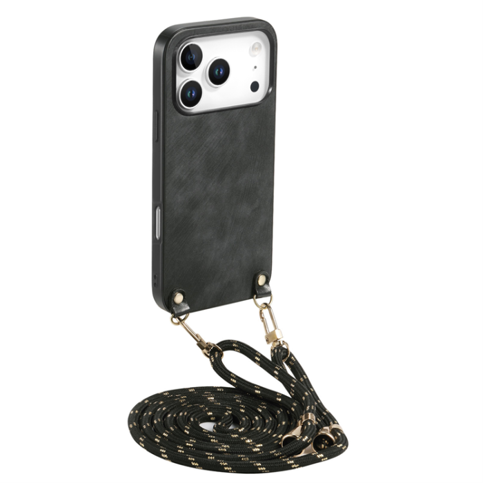 A-One Brand - iPhone 17 Pro Mobilskal med Justerbar Rem Retro Läder - Svart