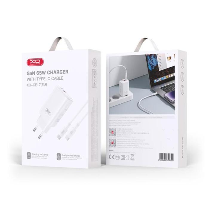 XO - XO Väggladdare USB/USB-C 65W med USB-C/USB-C Kabel PD - Vit