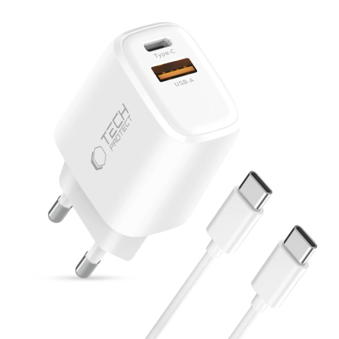 Tech-Protect - Tech-Protect Väggladdare 20W med USB-C Till USB-C Kabel - Vit